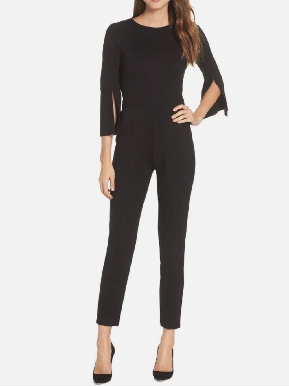 ALI & JAY Black Jumpsuit Size S Split 3/4 Sleeves Straight Skinny Leg Catsuit